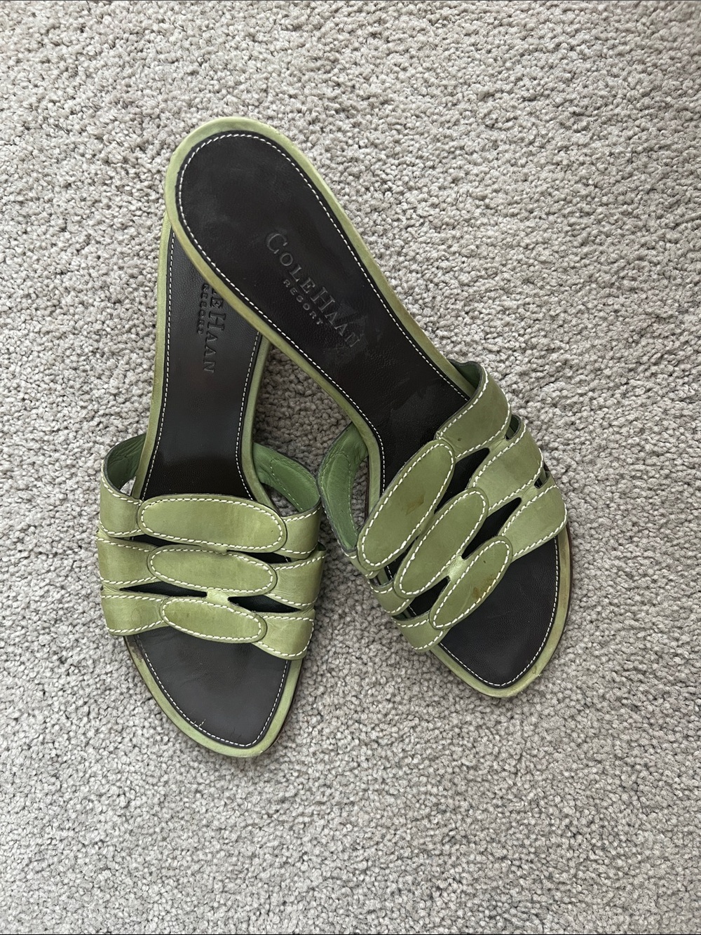 Cole Haan Olive Green Leather Slide Mules with Strappy Cutouts